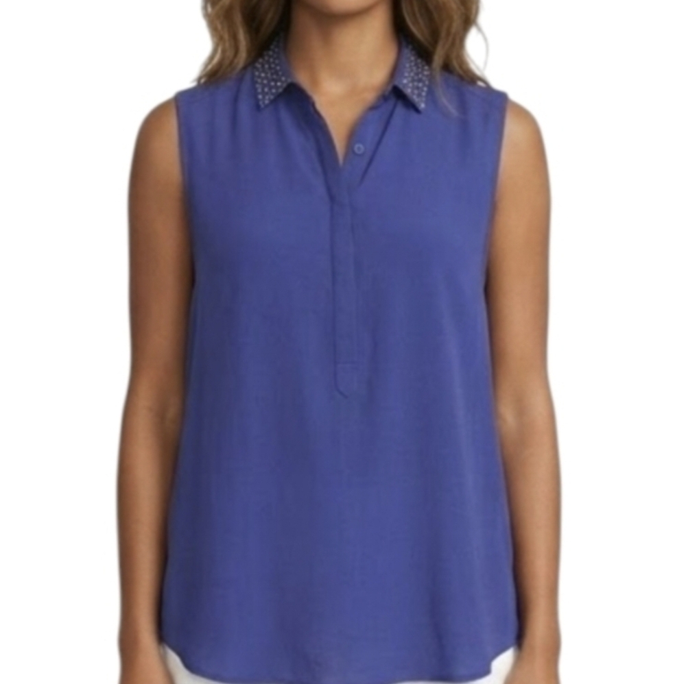 Silk Shirt Top Rivets Size 6 Blue Collared Tucker Shirt